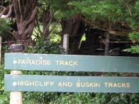 Track signs at corner of Beattie property