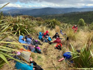 Pam. Lunch among tussocks and flax.(Maungatua’s in the distance).