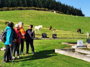 Hikers 26 Apr Eleanore pointed out historic graves at Waihola Cemetery Margeet