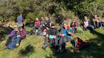 Out of the bush into the sun for morning tea pam