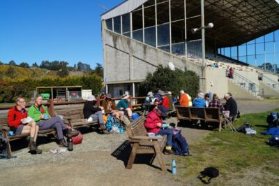 3 sep fairfield to mosgiel having lunch in two groups, spread out at wingatui racecourse.photo & caption john