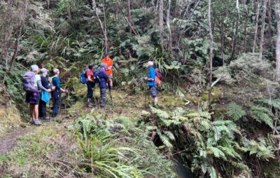 Chatting to doc workers on the river track caption and photo pam
