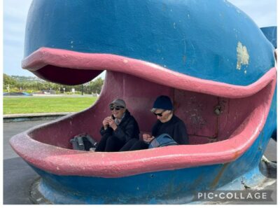 Lunch.. sooooo very windy, who would have thought, shelter in a whales mouth caption and photo sandra