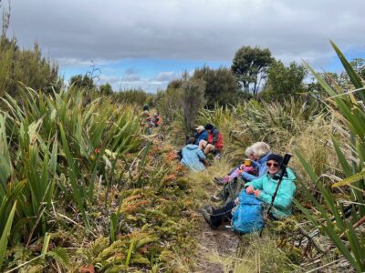 Lunch out of the wind on rustlers track. caption and photo pam