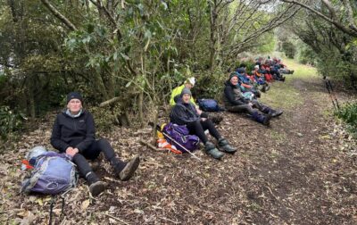 A sheltered spot on the track for lunch. Caption and photo Pam