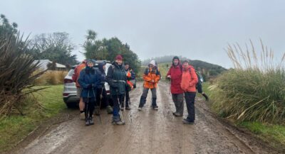Well wrapped up for the day’s tramp. Caption and photo Pam