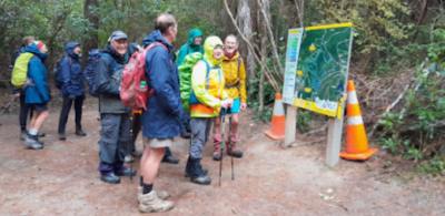 Decision time at the Redwoods Hub we chose to stay dry, keep under the trees! Jane
