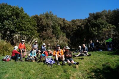 Morning tea at Green Hut site. Caption and photo John